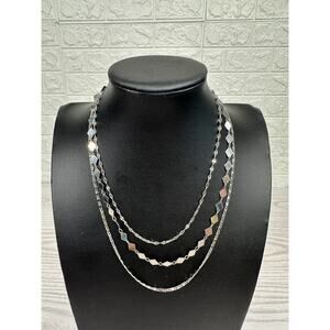Pomina Costume Silver Jewelry Necklace 3 Tier Diamond & Flat Chains Adjustable